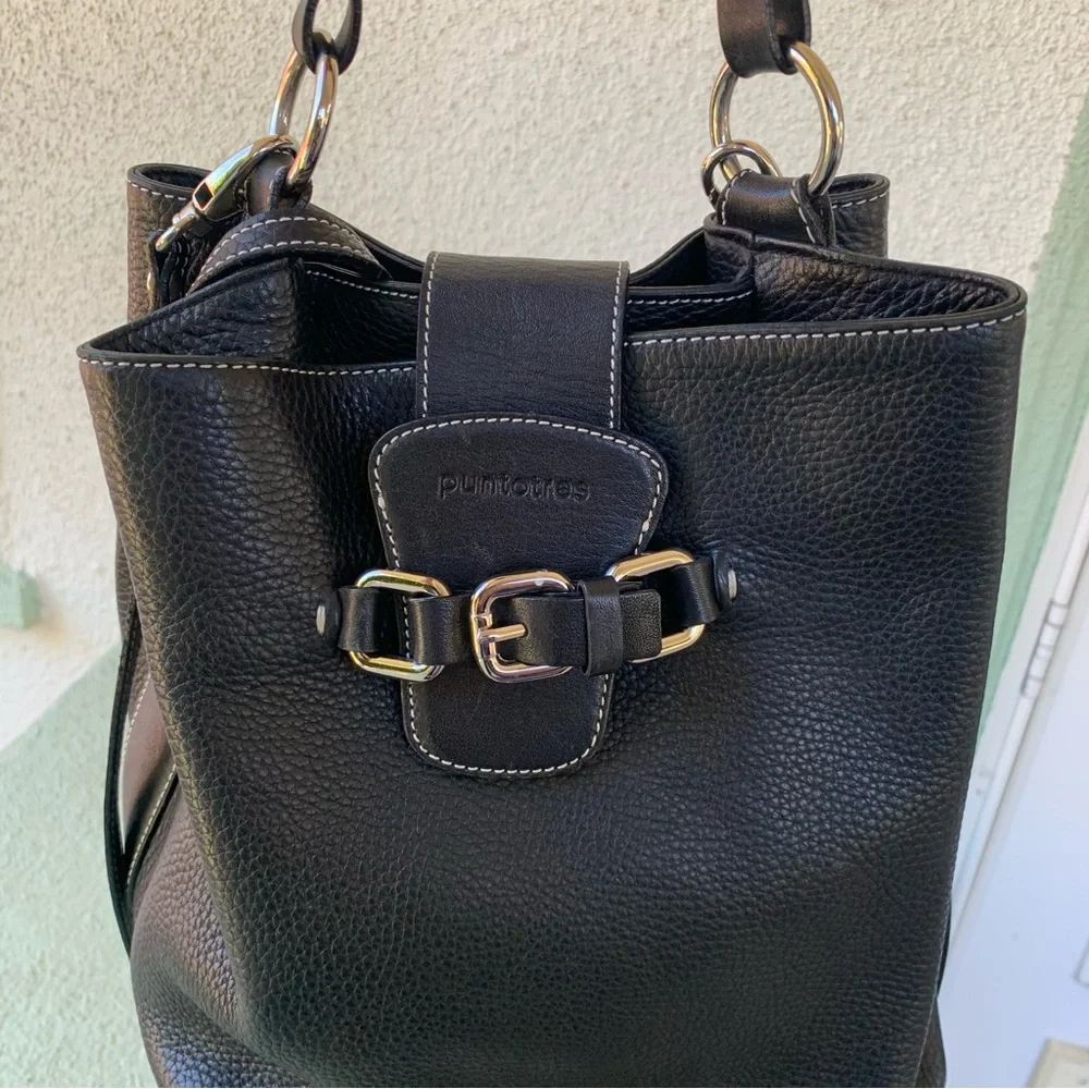 Puntotres Black Pebbled Leather Crossbody Satchel Bucket Handbag Made in Spain